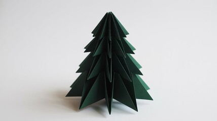 Dark green geometric paper Christmas tree made from folded cardstock in minimalist origami style, standing on light gray background with soft natural shadow