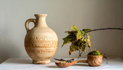 Still Life with Ceramic Vase and Dried Leaves Arrangement.