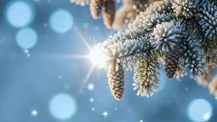 Captivating close-up of a frosty evergreen branch adorned with natural pine cones, shimmering under a soft, ethereal light. Each needle is delicately coated in a layer of crystalline frost or freshly - Powered by Adobe
