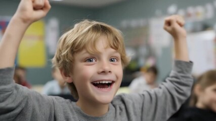 Joyful Triumph: A young boy beams with pure delight, raising his arms in a triumphant gesture. The image captures the unfiltered joy and excitement of a child celebrating success.