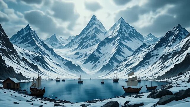 Serene Scandinavian Fjords with Snow-Capped Mountains and Viking Ships on Calm Waters