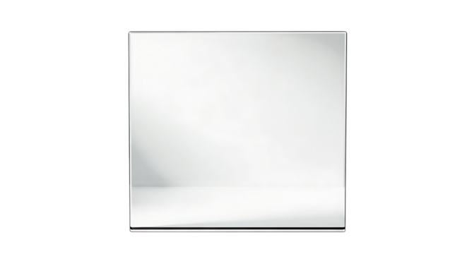 A square mirror with a silver frame isolated against a stark black background in a studio setting - Powered by Adobe