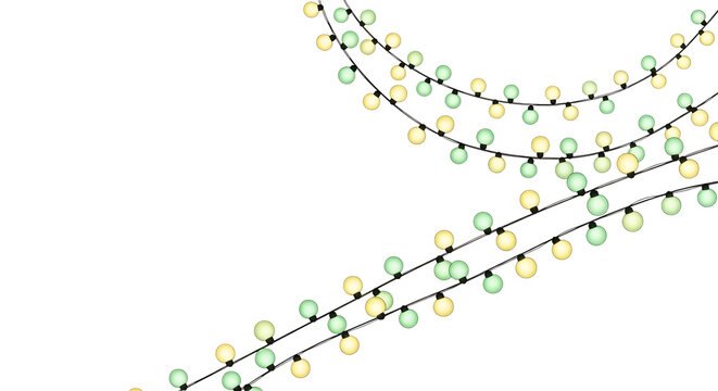 Strings of decorative lights with green and yellow bulbs hanging against a black background scene view