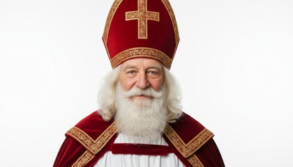 Smiling elderly man in Saint Nicholas costume wearing ornate red mitre and embroidered cape with long white beard and traditional robes, standing against white studio background