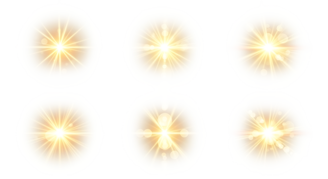 A grid of six glowing orbs with a bright light emanating from the center on a transparent background