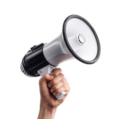 Hand Holding White and Black Megaphone on White Background