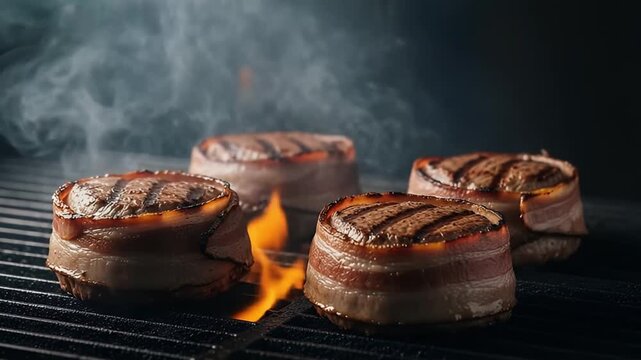 Four succulent cuts of meat, expertly wrapped in bacon, sizzle and char over intense flames on a hot grill. Wisps of smoke rise dramatically, creating an appetizing and mouth-watering scene. The dark 