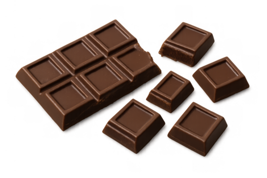 Milk chocolate bar broken into pieces with several squares, ready for eating, sweet treat with transparent background