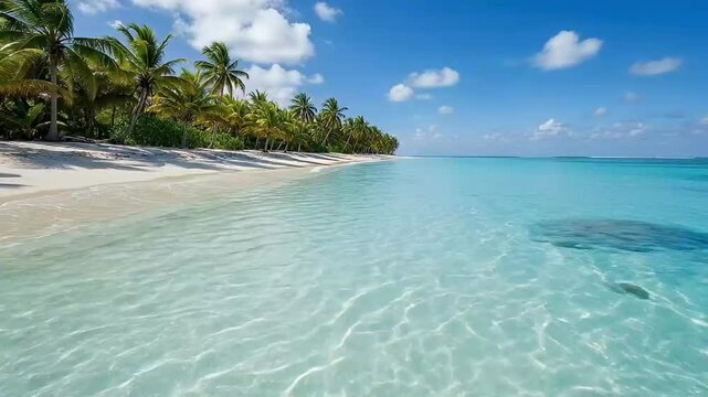 Immerse yourself in the serene beauty of a pristine tropical beach, where crystal-clear turquoise waters gently lap against a stretch of soft, white sand. Lush green palm trees sway gracefully along t