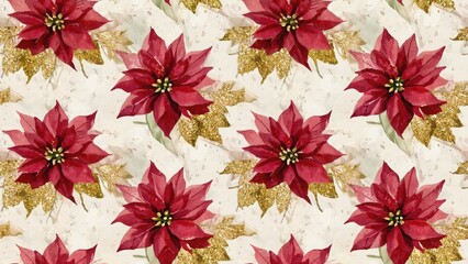 Seamless watercolor pattern with red poinsettia flower