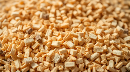 Compacted wooden sawdust pellets. Litter for pets and bio fuel, full frame closeup background with selective focus.