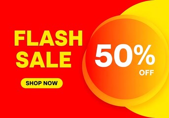 Flash sale announcement with 50 percent off discount, vibrant red and yellow background with shop now button for online retail