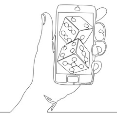 Continuous one single line drawing Hand holding smartphone with dice on screen symbolizing online gaming and gambling icon vector illustration concept