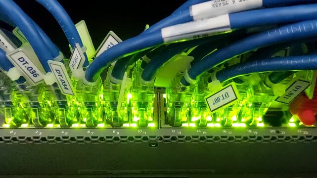 Close-up footage of a green blinking router light inside a modern data center, showcasing active network connection status and high-tech server infrastructure.