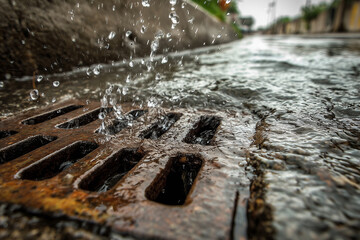 Water flowing into open storm drain on concrete