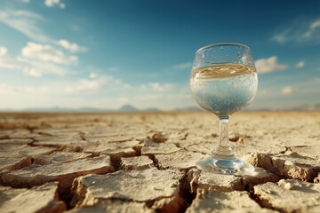 Water glass on cracked desert ground with dried landscape