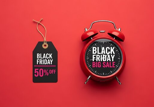 Black friday big sale concept with 50 percent off tag and vintage alarm clock on red background, holiday shopping promotion