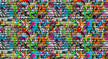 A vibrant wall of horizontally stacked brick painted with a dense colorful graffitistyle pattern