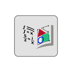 An illustration of an open book displaying mathematical equations on one page and geometric shapes on the other, representing education, learning, and knowledge.	