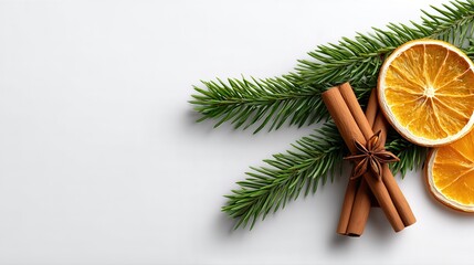 Christmas Table Decoration With Cinnamon Sticks, Orange Slices And Fir Branch. Top View Still Life For Seasonal, Holiday, Cooking Or Natural Decor Themes