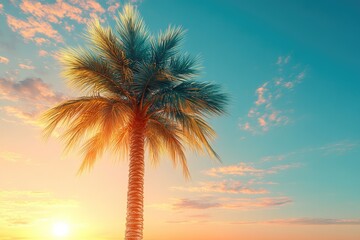 A vibrant palm tree stands against a breathtaking sunset sky, featuring hues of orange, gold, and turquoise with scattered clouds. Serene tropical scene.