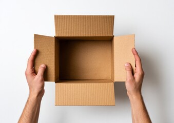 Hands Holding Open Cardboard Box on White Background for Shipping and Packaging