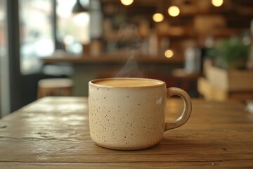 Fototapeta premium Steaming speckled ceramic mug of warm coffee on a rustic wooden table, blurred cozy cafe background with warm lights.