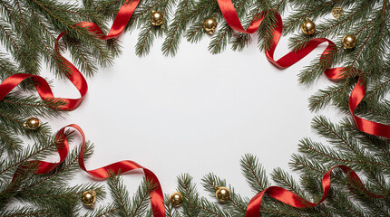 Christmas Pine Frame with Red Ribbon and Golden Baubles on White Background.