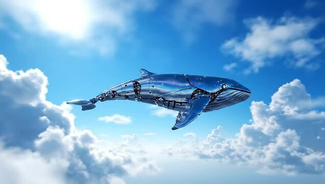 Futuristic Robotic Whale Gliding Through The Clouds.