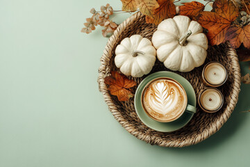 White pumpkins and coffee cup with latte art on wicker tray