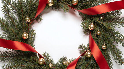 Elegant Christmas Wreath Frame Decorated with Shiny Gold Ornaments and Red Satin Ribbon on a White Background.