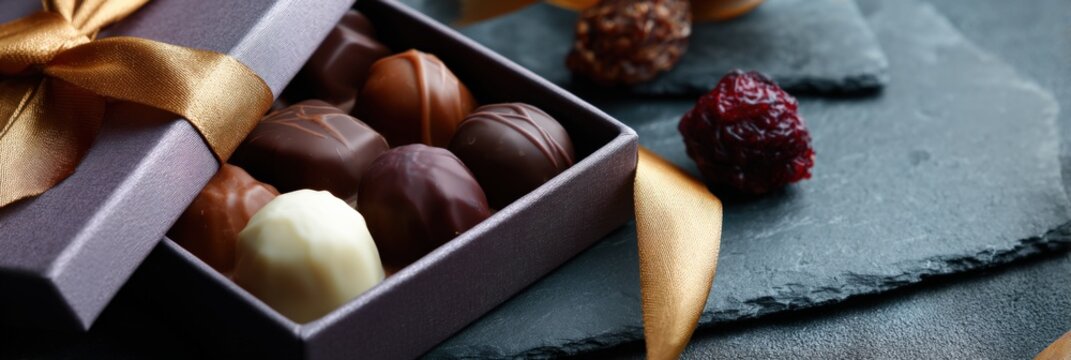 Assorted luxury chocolates in elegant gift box with golden ribbon on slate