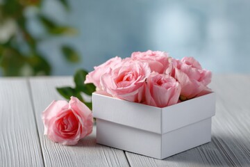 Pink roses in a white box on wooden table with soft blue background