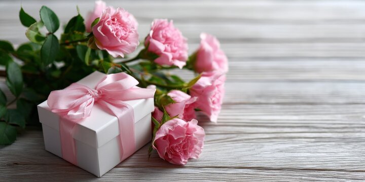 Pink roses and gift box with ribbon on wooden surface