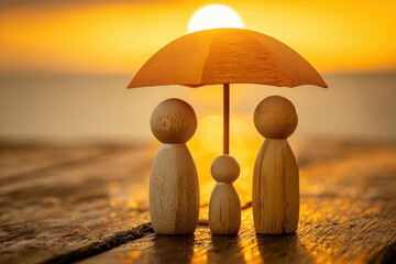 Wooden figures of man woman and child under umbrella on wooden table