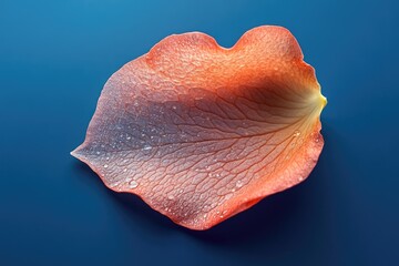 Close-up of a vibrant peach-orange rose petal adorned with delicate water droplets, set against a calming deep blue background, highlighting nature's beauty.