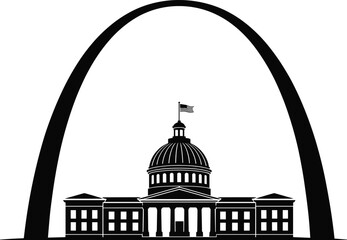 Gateway Arch St. Louis and Missouri State Capitol building silhouette vector, USA travel landmark architecture monochromatic design element background