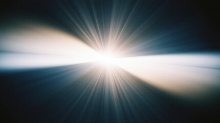Intense horizontal white and gold light line radiating bright rays in a dark, mysterious space.