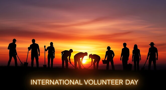 Volunteer day sunset silhouette image for community service and charity event promotions and campaigns