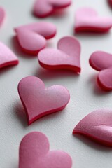 Fototapeta premium Scattered pink hearts on white background reflecting love and romance
