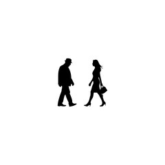 Elegant woman meets man silhouette walking in opposite directions, a tale of urban life and chance encounters