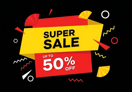 Super sale banner with up to 50% off text, red and yellow ribbon design on black background with abstract shapes