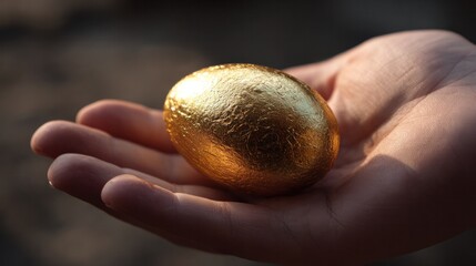 Golden Treasure: A hand cradles a lustrous golden egg, a symbol of fortune and opportunity, radiating a sense of wealth and abundance.
