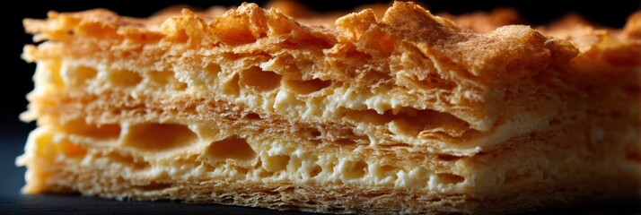 Layered puff pastry dessert with crispy golden flaky texture close-up