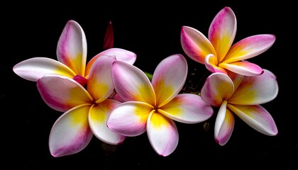 Exotic Frangipani Flowers - A Tropical Delight on Black Background.