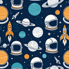 Retro hand-drawn seamless pattern featuring vintage astronaut helmets, rockets, and planets in a limited color palette against a dark blue background.