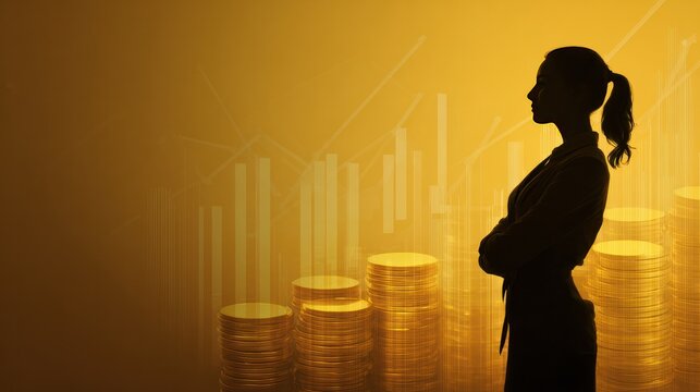 Business Silhouette: Silhouette of a determined woman with a background of increasing financial growth and coin stacks, symbolizing aspiration and economic prosperity.