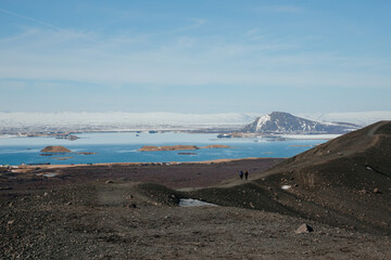 View of Lake Mývatn and the lava fields from the Hverfjall crater