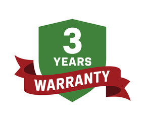 A green shield with the number 3 and the text "3 YEARS WARRANTY" on a red ribbon.