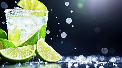 A close-up shot of a clear cocktail in a glass, adorned with fresh lime slices and ice cubes, with a salt-rimmed edge and a dark, blurred background with bokeh